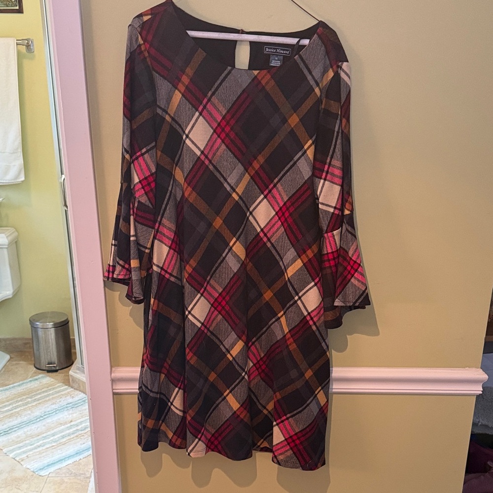 Jessica Howard 1X Long Sleeve Plaid Dress - Pink, Black, Gold